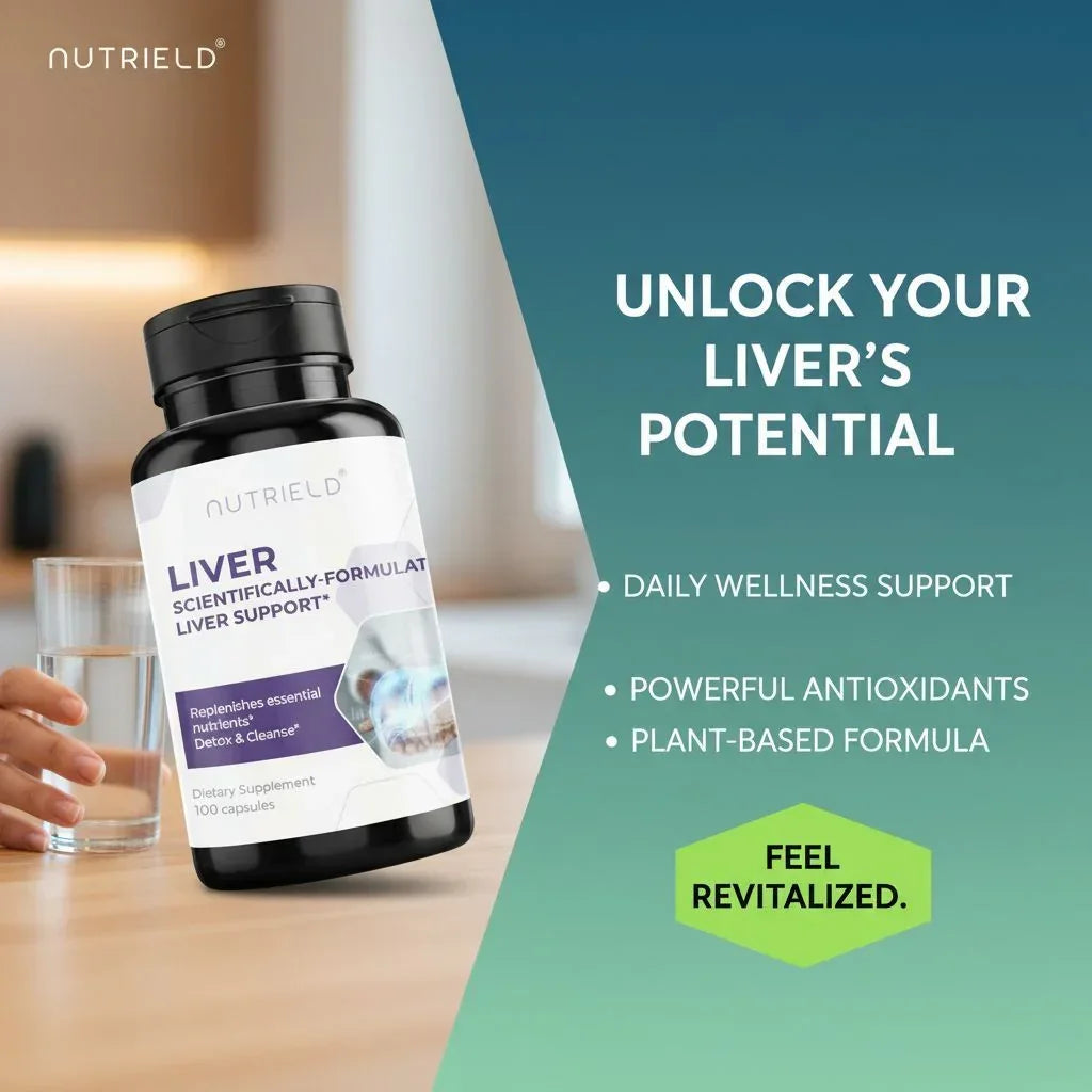 Liver support supplement bottle on table with keywords for daily wellness, antioxidants, plant-based.