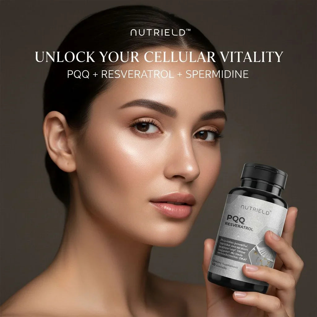 Woman with glowing skin holding a PQQ Resveratrol supplement bottle for cellular energy support