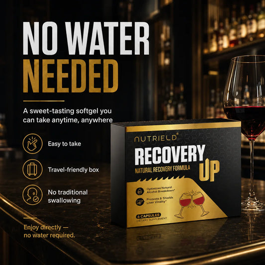 Nutrield Recovery Up natural recovery formula softgel box with wine glass on bar counter