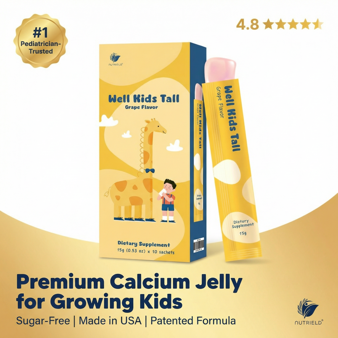 Premium calcium jelly for kids, grape flavor, dietary supplement box and sachet, pediatrician-trusted.