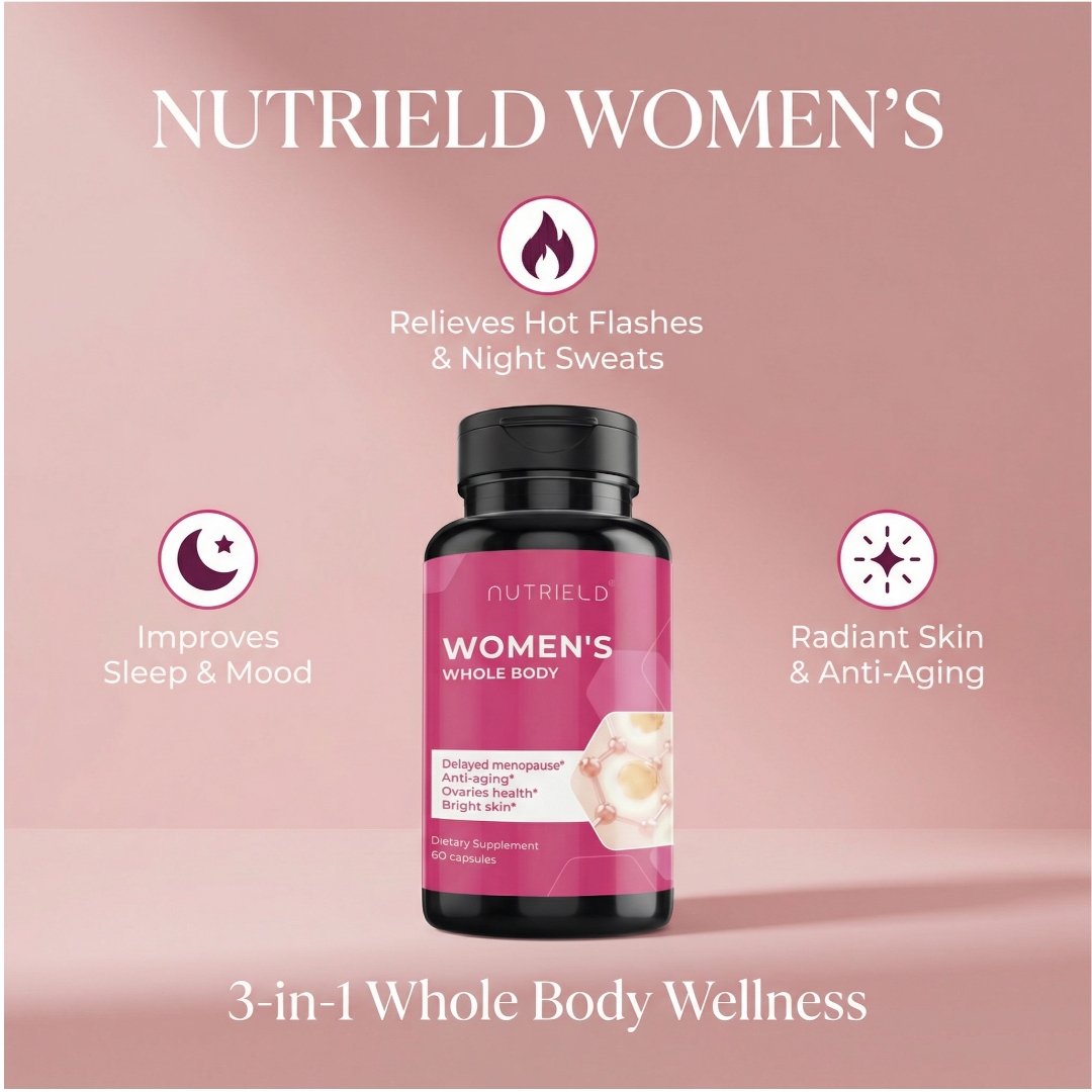 Women's supplement bottle with benefits for hot flashes, sleep, mood, and radiant skin.