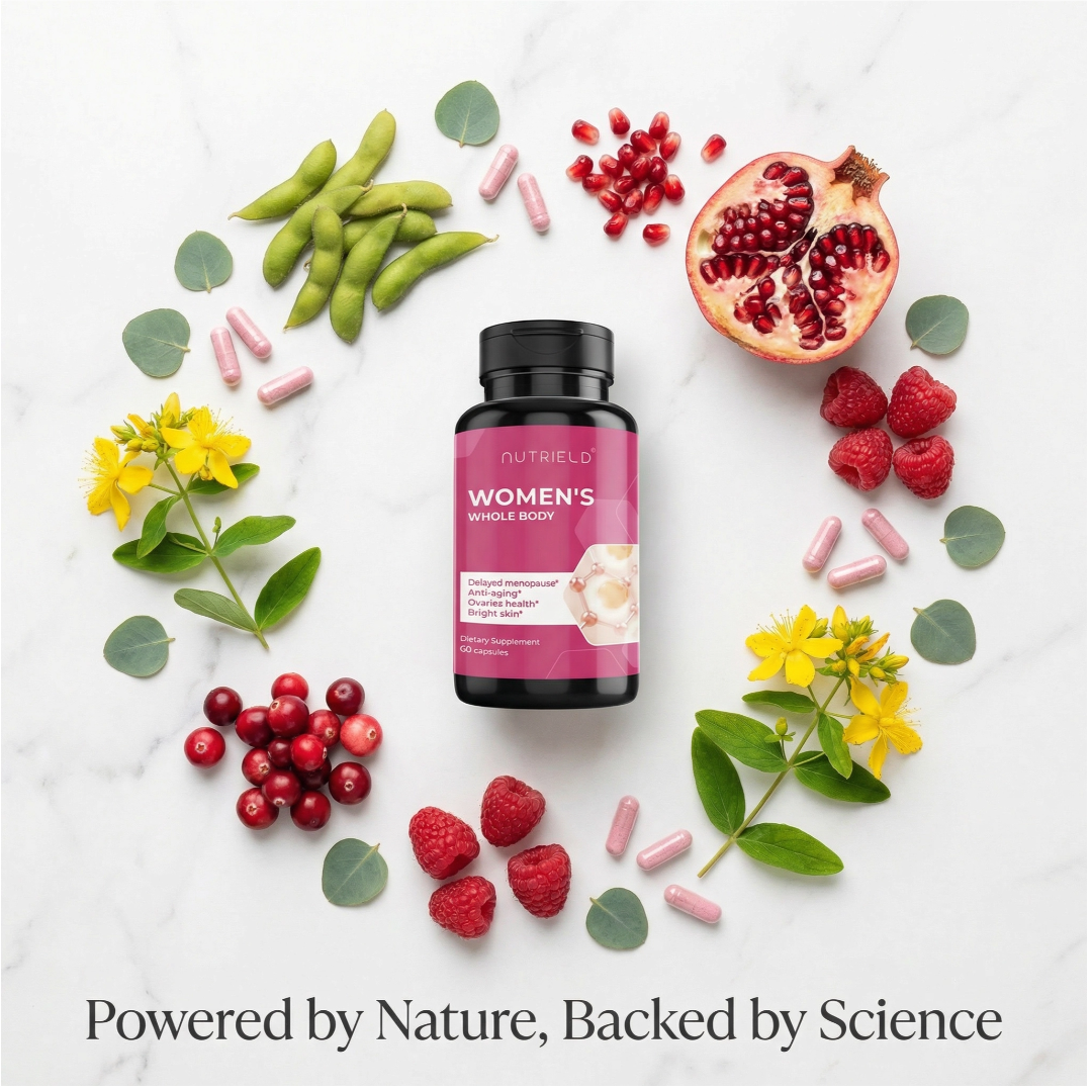 Women's whole body supplement bottle surrounded by natural ingredients and capsules on white background