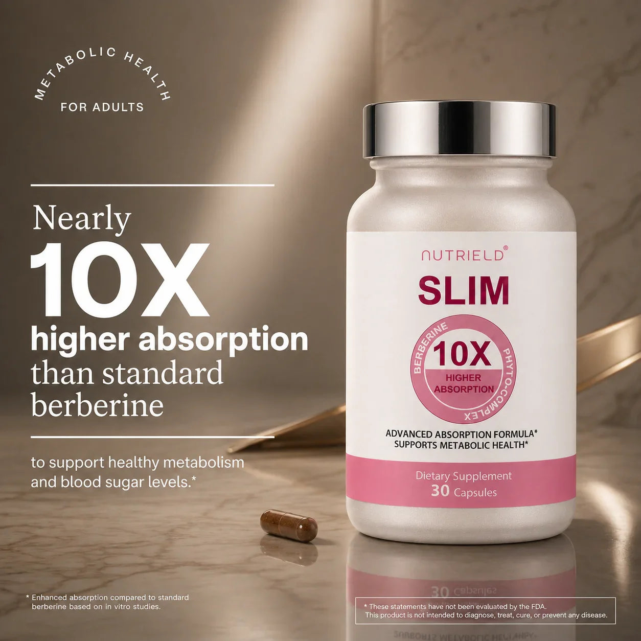 Nutrield SLIM dietary supplement bottle with 10X higher absorption berberine for metabolic health support