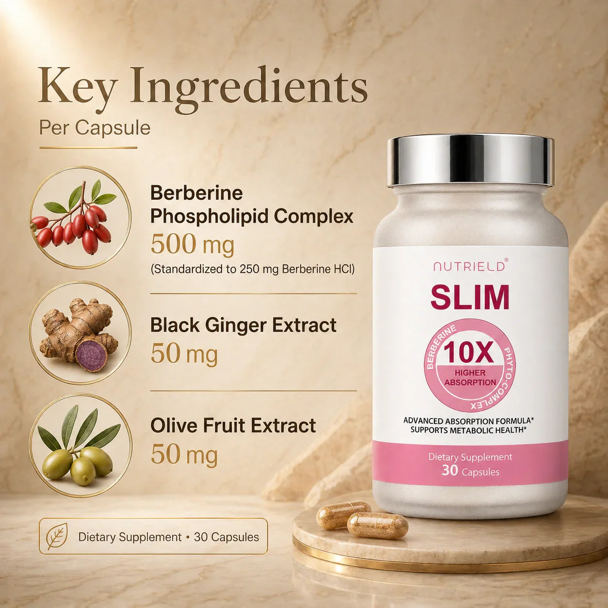 Nutrield Slim dietary supplement bottle with key ingredients: Berberine, Black Ginger, Olive Fruit Extract