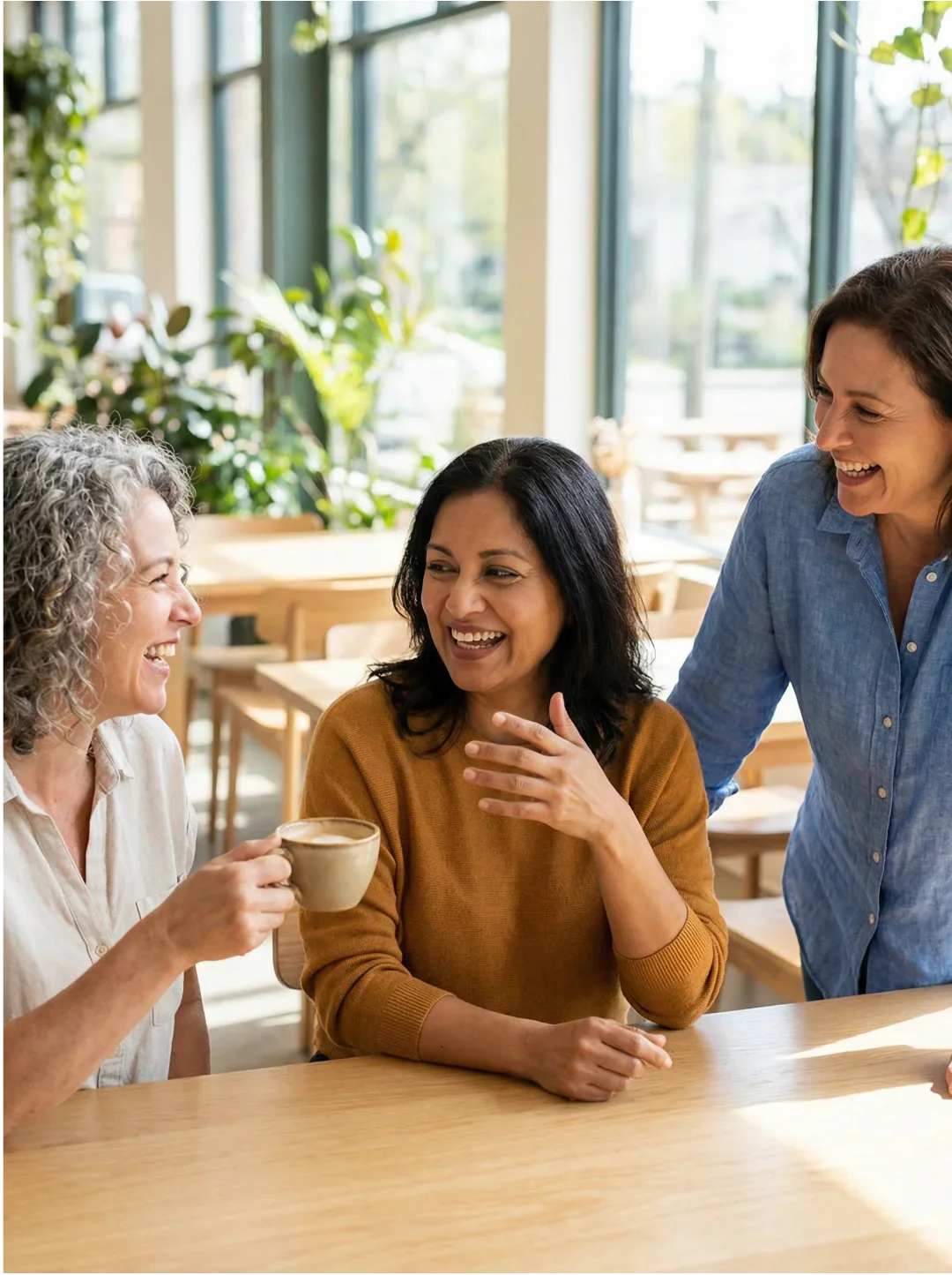 Three women laughing together over coffee in a bright, plant-filled café, enjoying wellness moments.