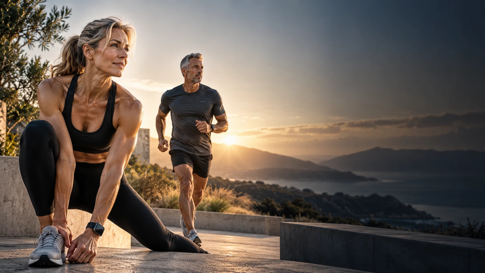Illustrative adults preparing for a regular outdoor workout