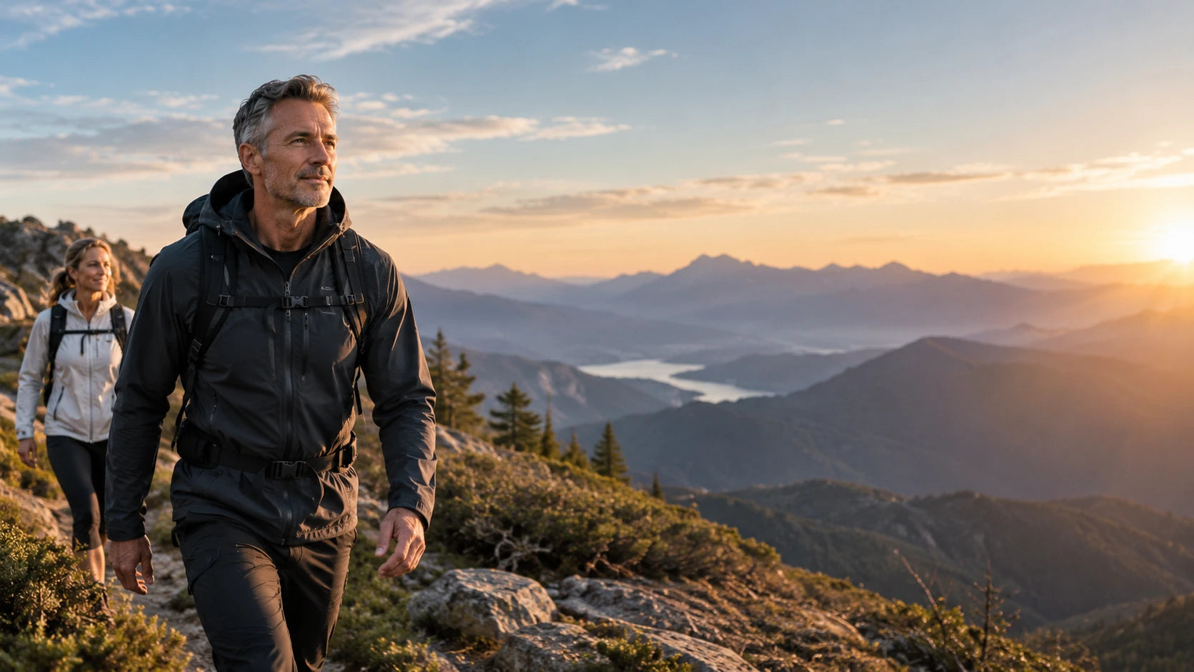 Illustrative active adults hiking in the mountains at sunrise